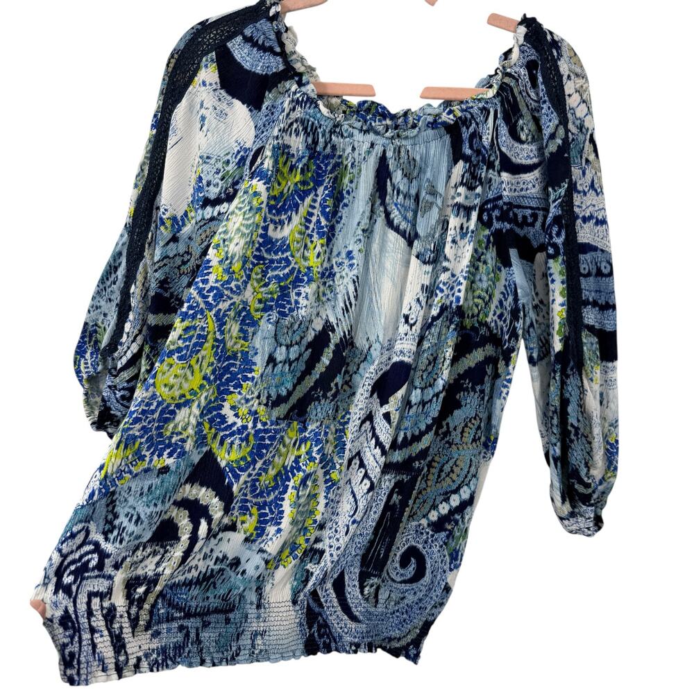Desigual Off Shoulder Top Size XL Long Sleeves Blue Paisley Mediterranean Resort - Picture 4 of 14